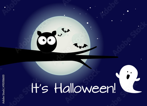 halloween card, black owl, ghost and bats against full moon during halloween's night