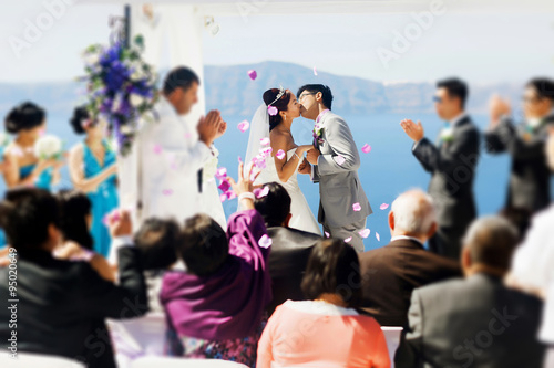 Valokuvatapetti stylish rich asian bride and groom dancing first wedding dance i