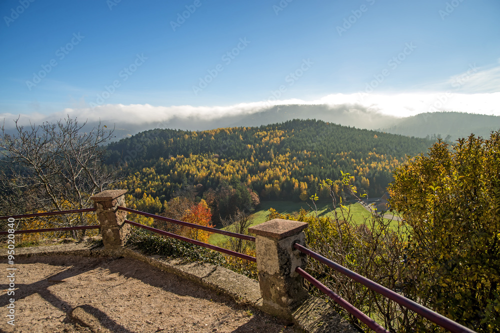 Blick vom Felsen von Dabo auf die herbstlich verfärbten Wälder der Vogesen