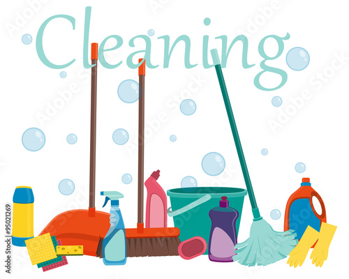 Poster tools for cleaning on a white background and soap bubbles. Vector illustration

