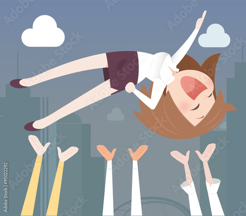 Happy businesswoman being throwing in the air by colleagues or b