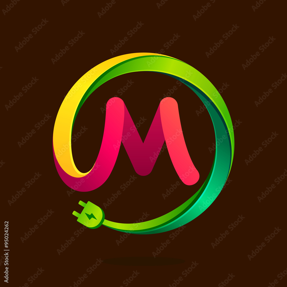 Obraz premium M letter with wire plug icon.