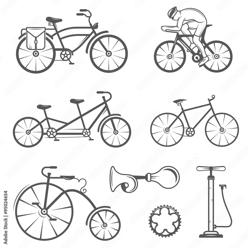 Set Vintage Sign and Silhouette Bicycle and Cycling Sport
