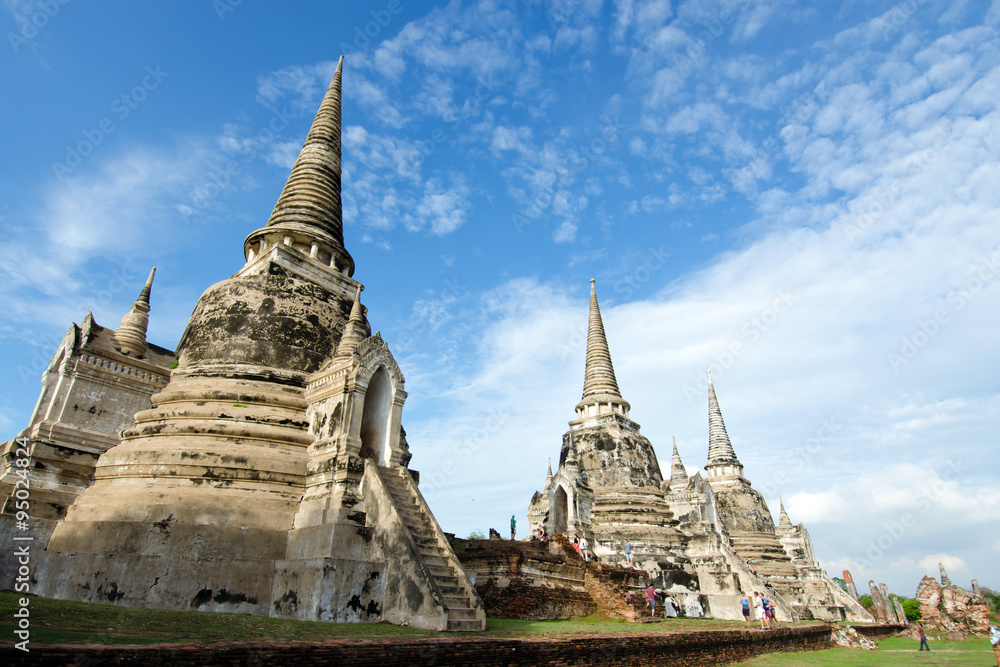 Old buddha pagoda temple with cloudy white sky in Ayuthaya Thailand