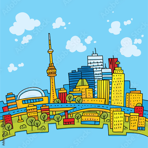 A bright, colorful skyline cartoon of the downtown waterfront of the city of Toronto, Ontario, Canada.
