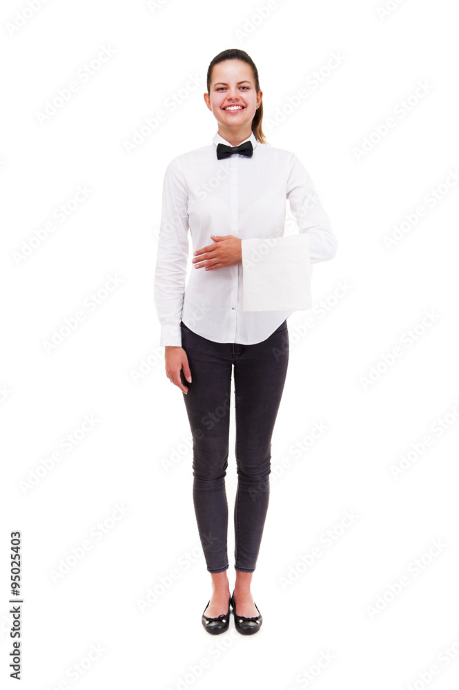 Young woman in waiter uniform isolated over white background. Young woman in waiter uniform isolated over white background.