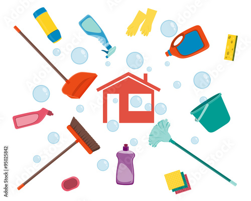 House cleaning. Poster tools for cleaning on a white background and soap bubbles. Vector illustration