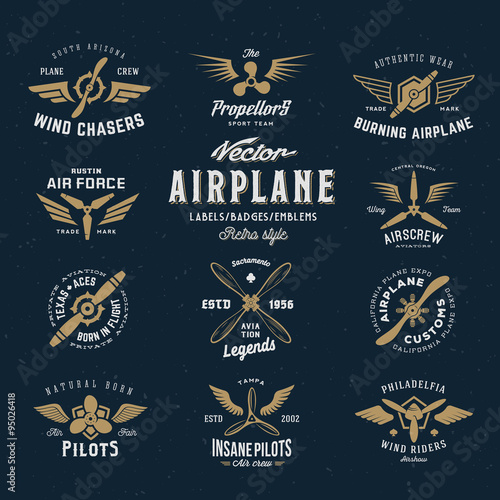 Vintage Vector Airplane Labels Set with Retro Typography. Shabby Texture on Blue Background