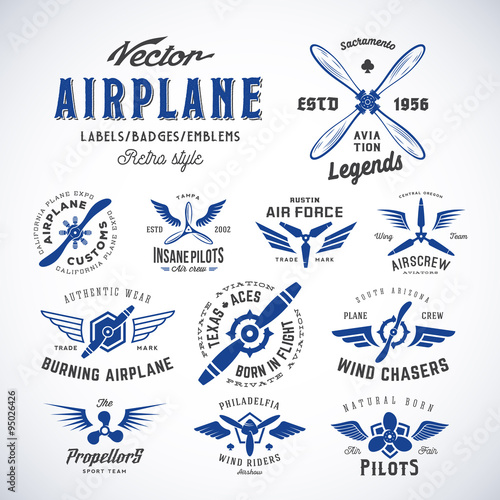 Vintage Vector Airplane Labels Set with Retro Typography. Isolated