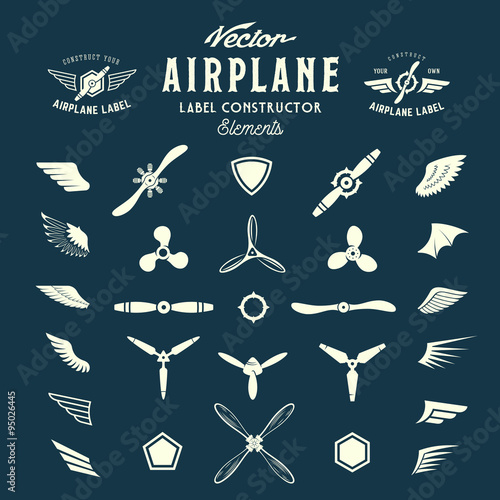 Abstract Vector Airplane Labels or Logos Construction Elements. On Blue Background