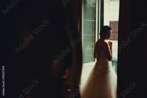 wonderful stylish sweet brunette silhouette bride standing at t