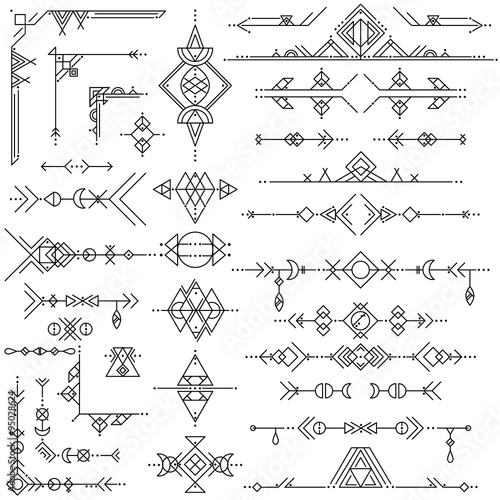 Collection of vector geometric line art design elements. Tribal style.