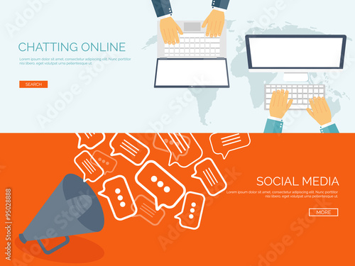 Vector illustration. Flat backgrounds set.  Social media, chatting. Global communication. Laptop, computer and loudspeaker. Emailing. Web chat and internet messages. Sms