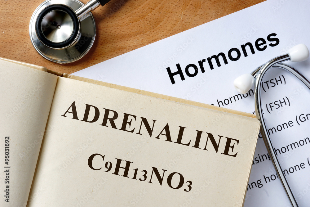 Hormone Adrenaline written on book.  