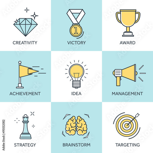Vector illustration set. Flat business concept backgrounds set with icons and lines. Achievements and mission. Aims and new ideas. Smart solutions. Travelling