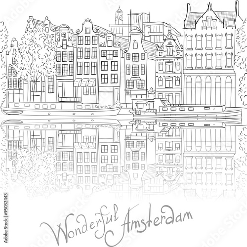 Vector city view of Amsterdam canal