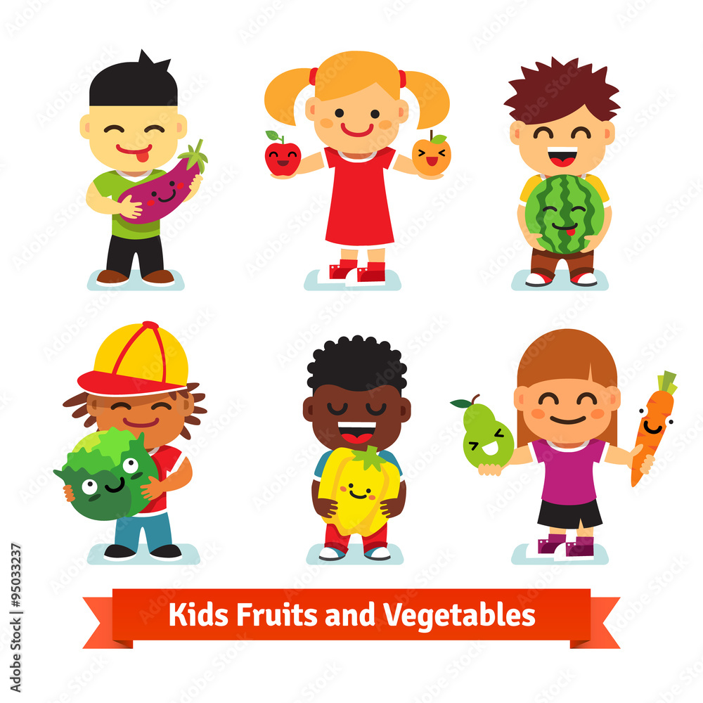 Happy kids holding smiling fruits and vegetables Happy kids holding smiling fruits and vegetables
