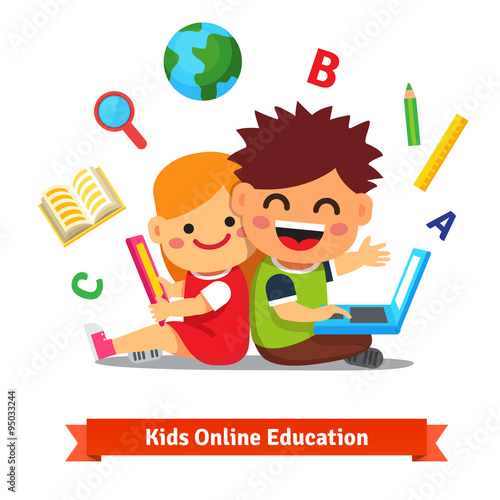 Boy and girl studying together with laptop