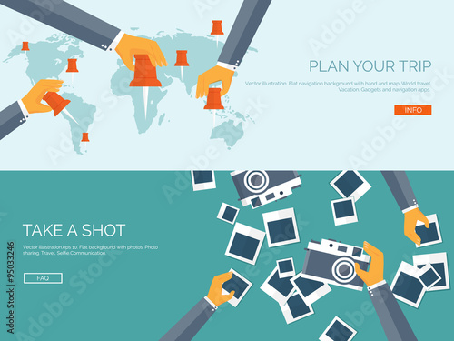 Vector illustration. Flat backgrounds set. Navigation and travelling.  Map pointer and location finding. Web application. Photoshooting