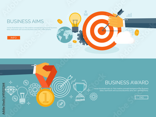 Vector illustration set. Flat business concept background. Achievements and mission. Aims and new ideas. Smart solutions.  First place. Medal