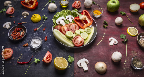 concept cooking vegetarian food Various fruits and vegetables in a pan with tiled around herbs and mushrooms on wooden rustic background top view close up