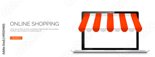 Vector illustration. Laptop. Online store, internet shopping. Web deals and currency