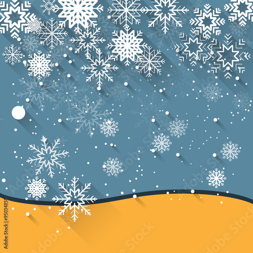 abstract blue christmas background template with falling white snowflakes, flat shadow effect