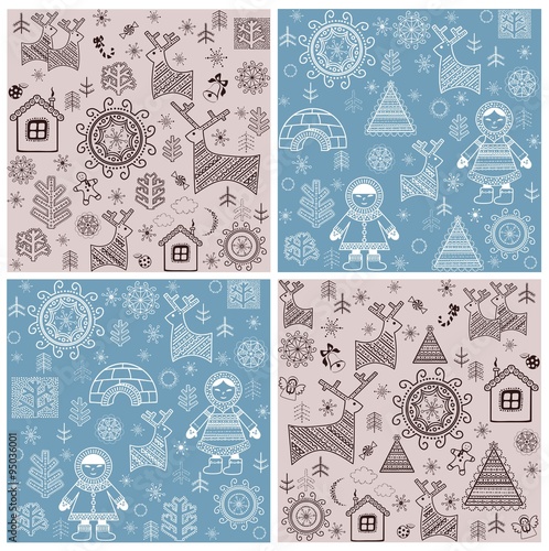 Winter wallpapers with inuit, reindeer and firs