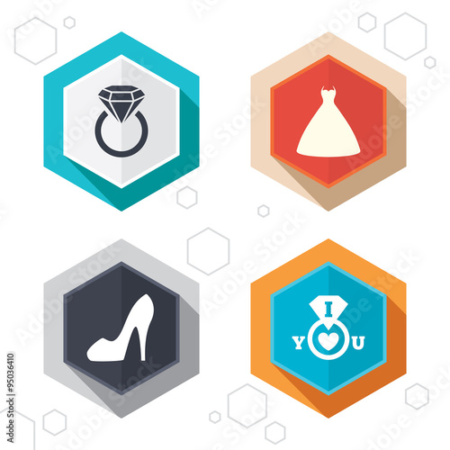 Wedding dress icon. Women's shoe symbol.