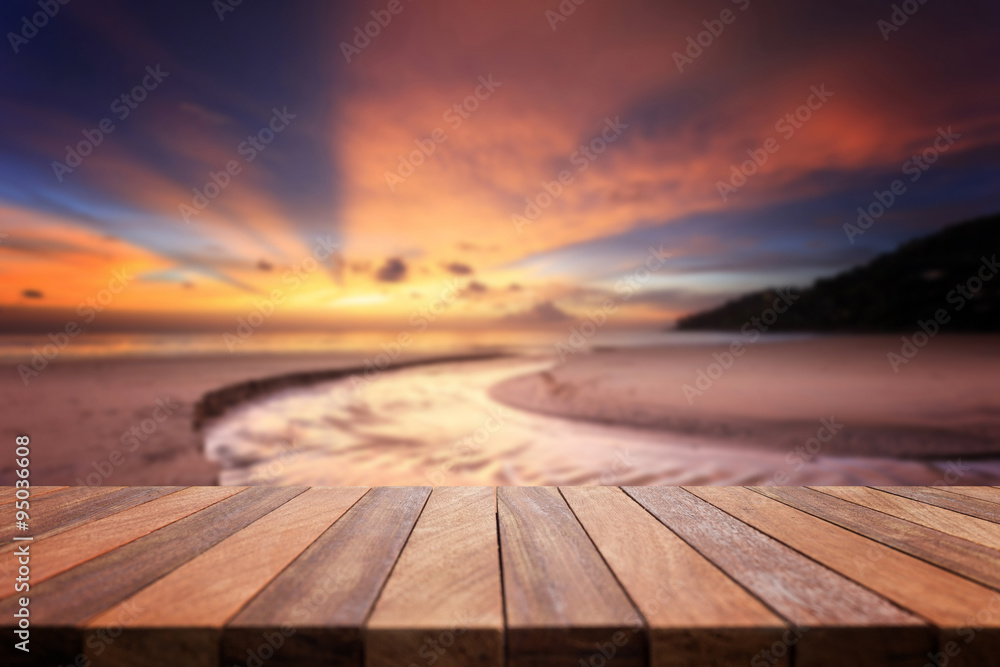 Empty top of wooden table and view of sunset or sunrise backgrou Empty top of wooden table and view of sunset or sunrise backgrou
