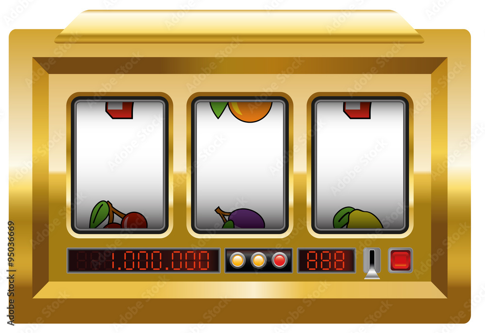 Obraz premium Golden slot machine with three blank reels to insert your company logo or any text or picture in. Illustration over white background.