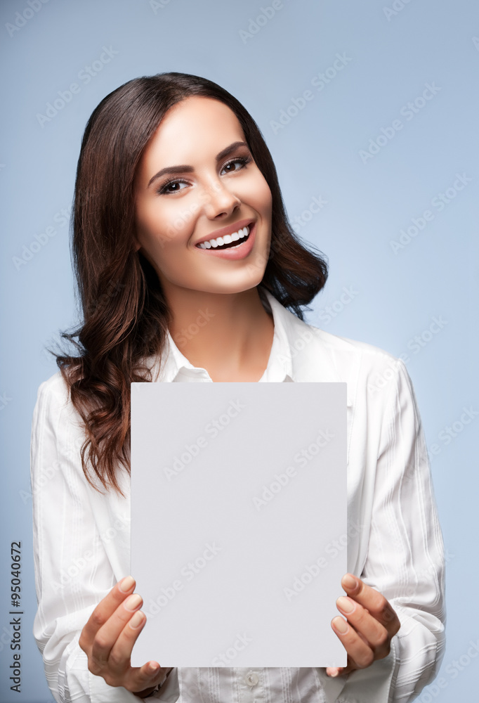 businesswoman showing blank signboard with copyspace businesswoman showing blank signboard with copyspace