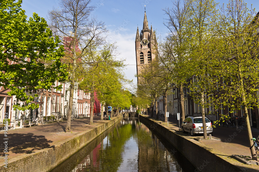 Historic Delft Market Square town centre with the Nieuwe Kerk (new church)