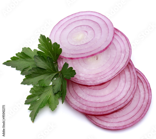 Sliced red onion rings isolated on white background cutout photo