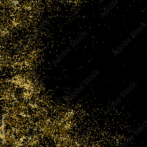 Gold glitter texture on a black background. Golden explosion of confetti. Golden grainy abstract  texture on a black  background. Design element. Vector illustration,eps 10.