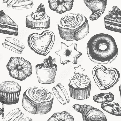 Vintage bakery background. Vector Pastry seamless pattern