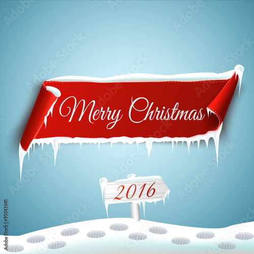 Christmas background with red curved paper banner, snow, ice and 2016 road sign. Ribbon