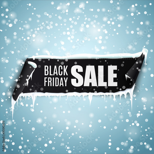 Black Friday sale vector banner. Winter sale. Black curved paper banner with snow and icicles. Ribbon