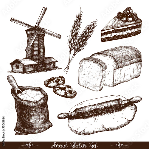 Vector hand drawn bread illustration set. Vintage bakery sketch collection
