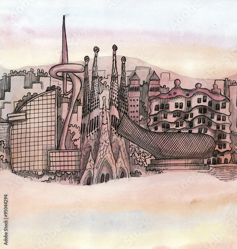 the panoramic view new of barcelona city  hand drawn on the wallpaper isolated on the color background #95044294