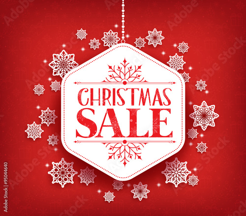 Merry Christmas Sale in Winter Snow Flakes Hanging with White Space for Text. Vector Illustration
