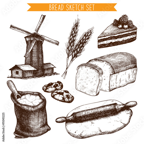 Vector hand drawn bread illustration set. Vintage bakery sketch collection