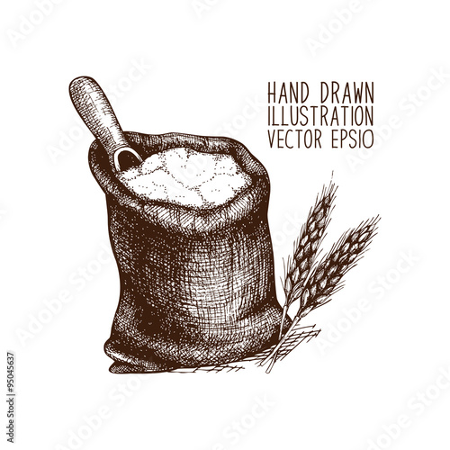 Ink hand drawn bag of flour illustration on white background.Bread vector sketch