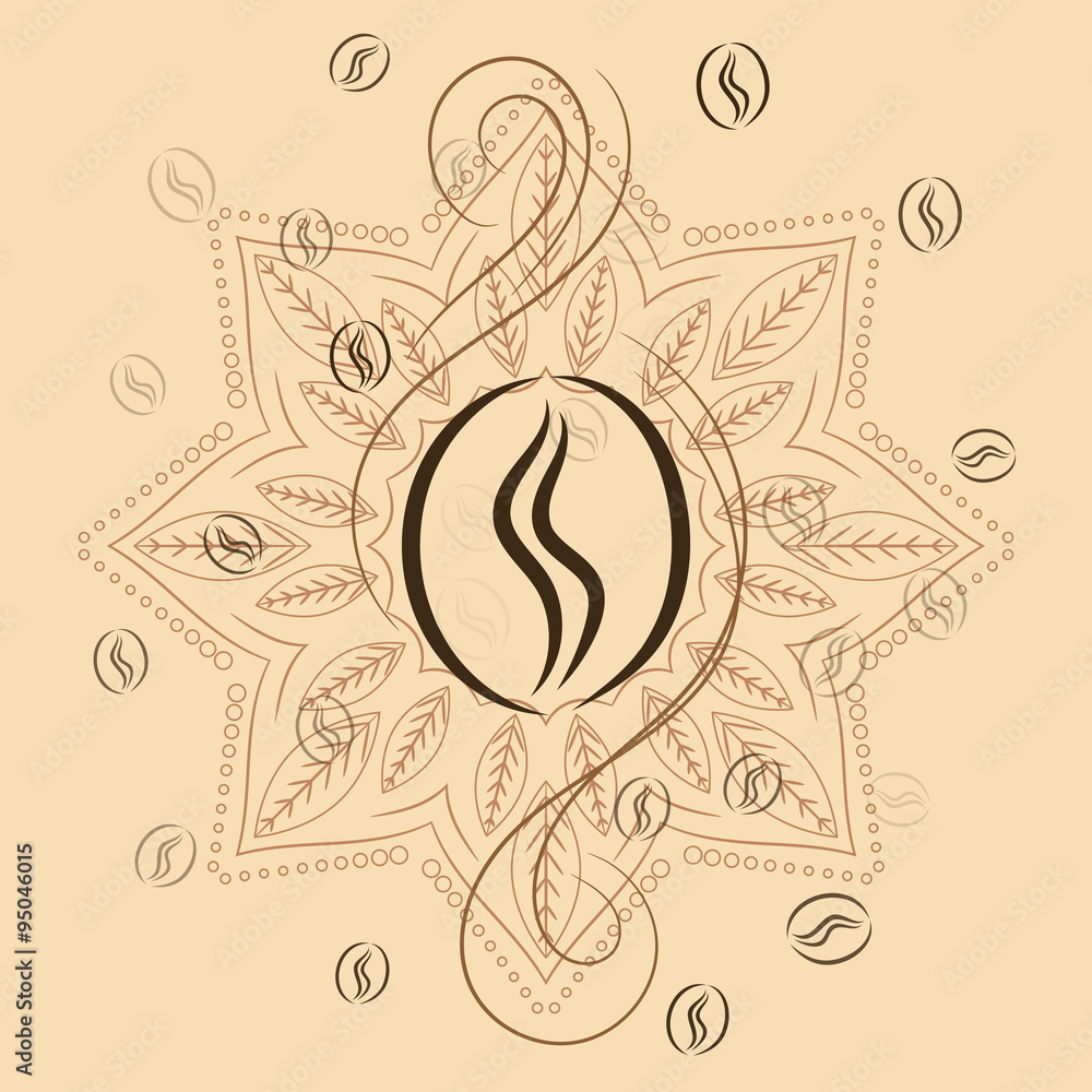 Fototapeta premium Coffee beans on henna mandala background print. Bohemian beige card for wall poster decoration or kitchen.