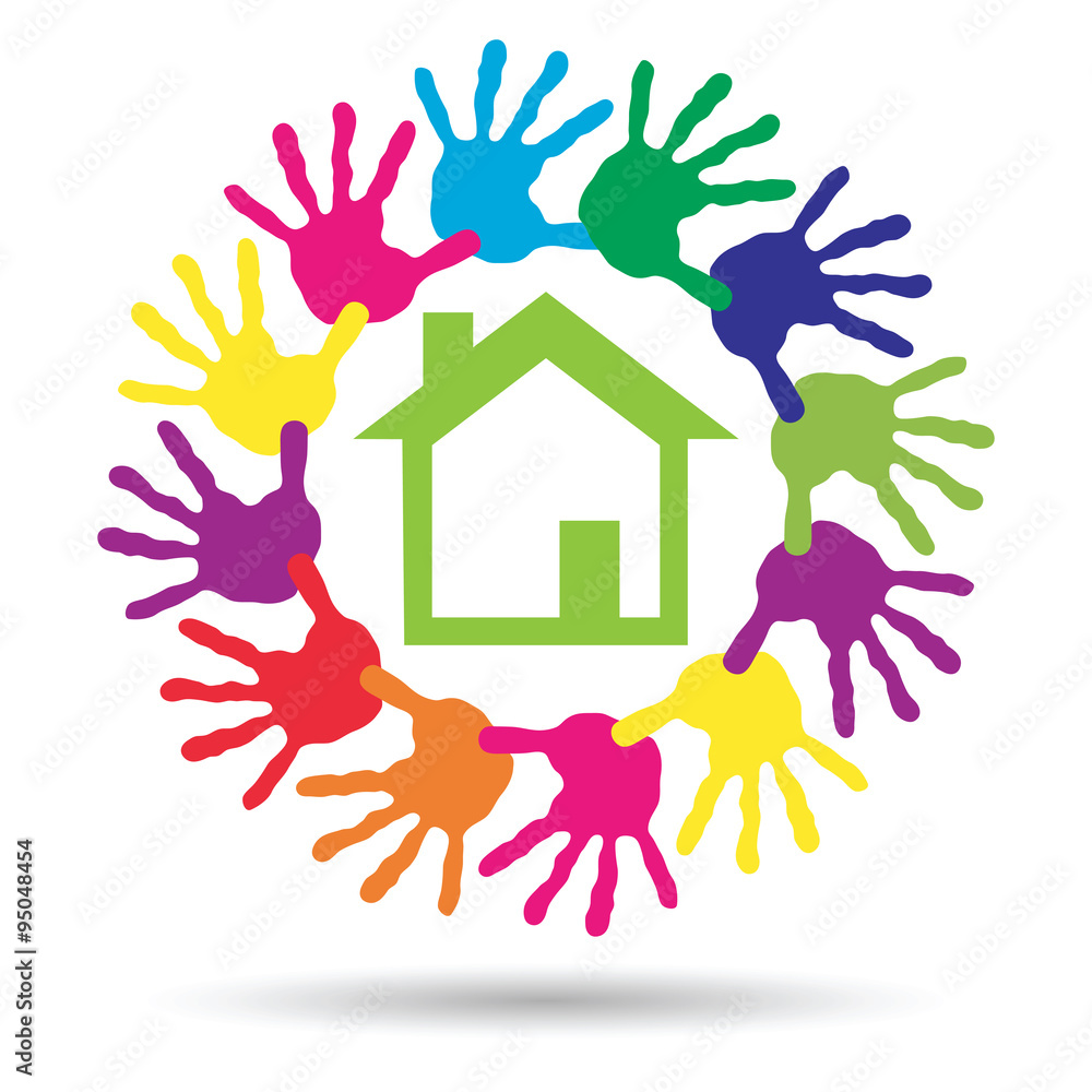Vector concept circle of hands, green house symbol Vector concept circle of hands, green house symbol