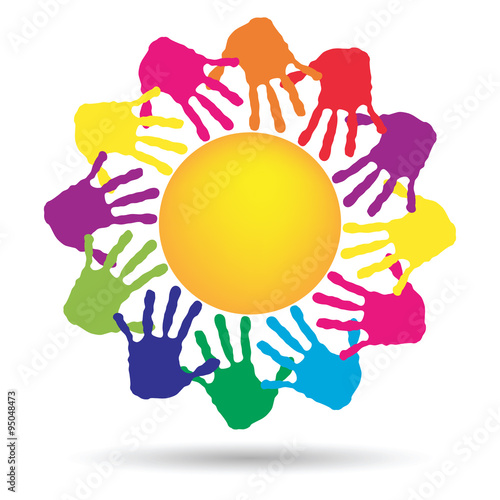 Vector concept circle of hands, yellow sun symbol