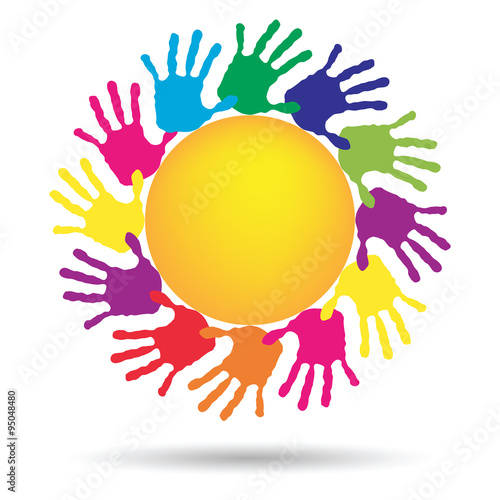 Vector concept circle of hands, yellow sun symbol