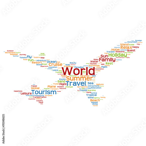 Vector conceptual travel or tourism plane word cloud