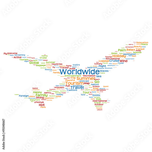 Vector conceptual travel or tourism plane word cloud