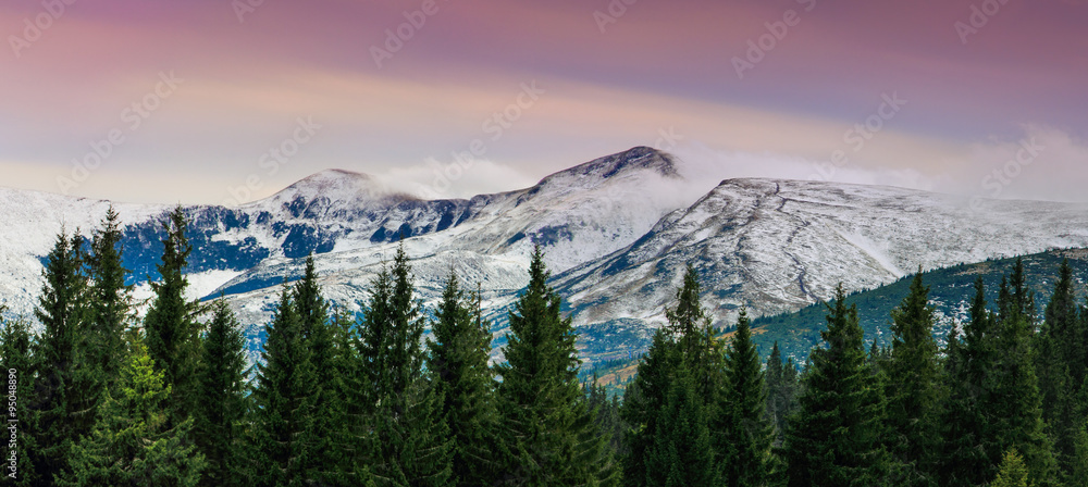 Panoramic view on winter in the mountains.